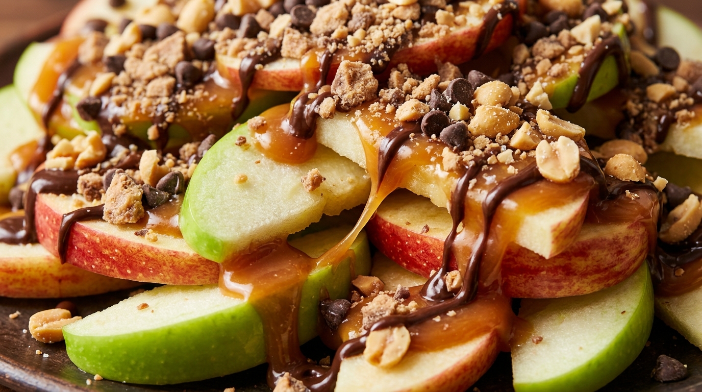 Ultra close-up macro food photography of loaded caramel apple nachos with crisp green and red apple slices drenched in warm salted caramel and melted chocolate