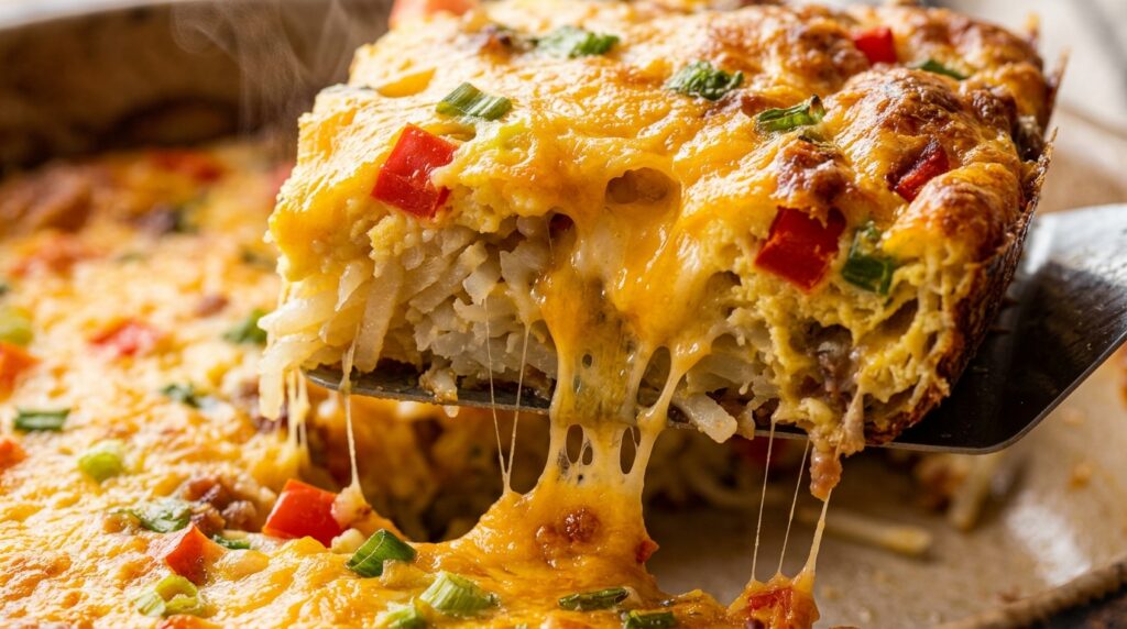Ultra close-up macro food photograph of a piping-hot slice of loaded cheesy hash brown breakfast casserole lifted with spatula showing molten cheddar cheese pull and fluffy baked eggs