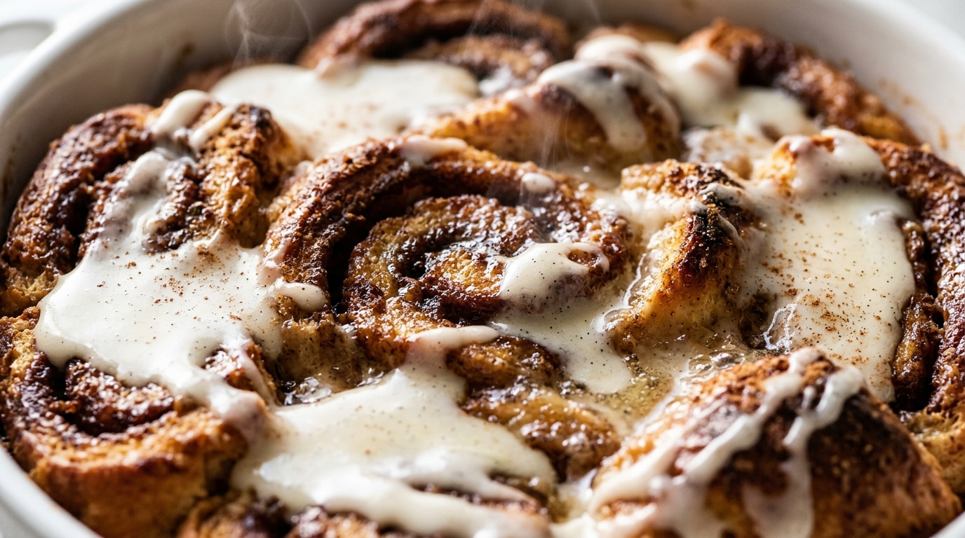 Ultra close-up macro food photography of warm baked Cinnamon Roll French Toast Casserole with melting cream cheese icing