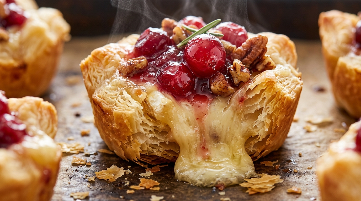 Ultra close-up macro food photography of warm freshly baked cranberry brie bites in flaky golden puff pastry cups overflowing with melted cheese and ruby cranberry sauce