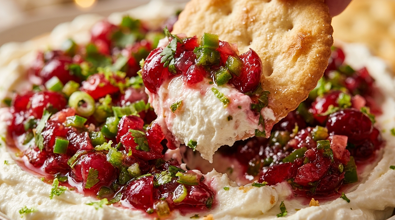 Ultra close-up macro food photography of ruby red Cranberry Jalapeno Dip over whipped cream cheese