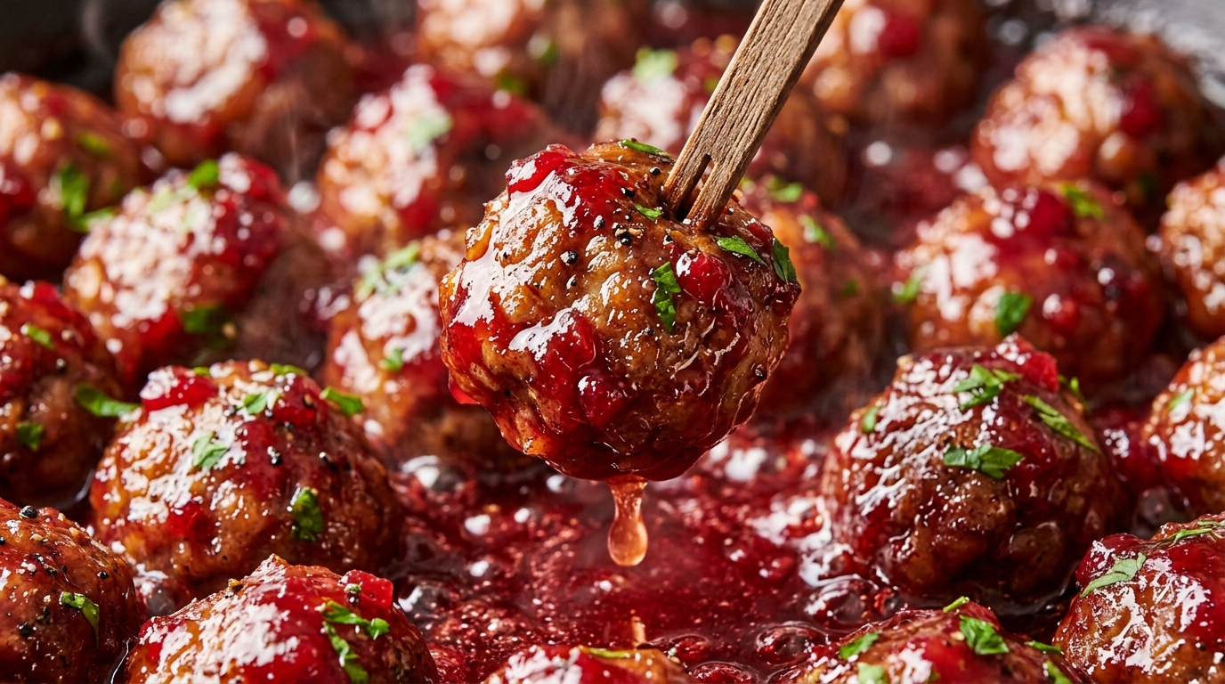 Ultra close-up macro food photography of piping hot glazed slow cooker cranberry cocktail meatballs in thick ruby-red sauce speared with wooden toothpick