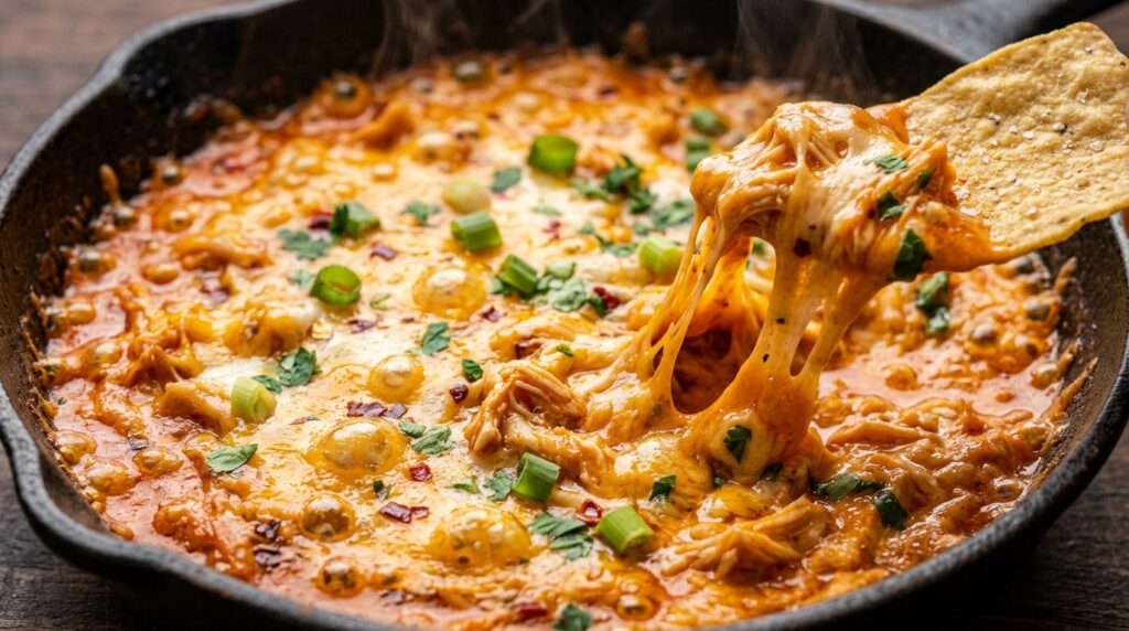 Ultra close-up macro food photograph of piping-hot baked buffalo chicken dip bubbling in a skillet with melted cheddar and mozzarella cheese pull