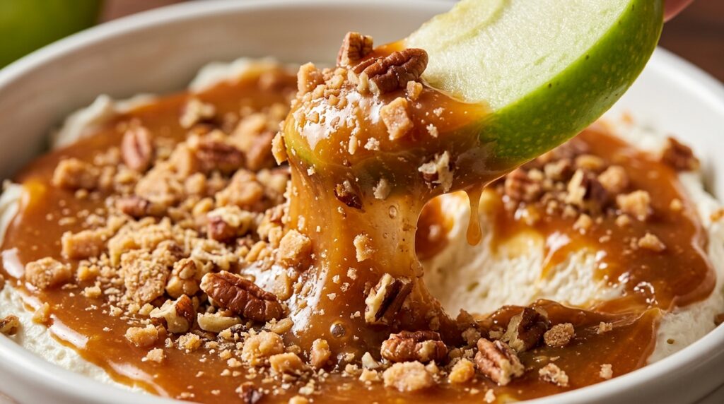 Ultra close-up macro food photograph of creamy caramel apple dip with crisp green apple slice, thick golden caramel, toffee bits, and toasted pecans