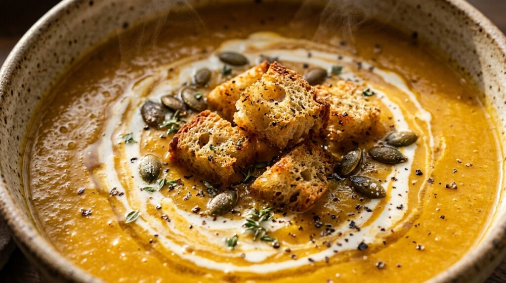 Ultra close-up macro food photograph of piping hot creamy roasted butternut squash soup with heavy cream swirl, sourdough croutons, and toasted pepitas