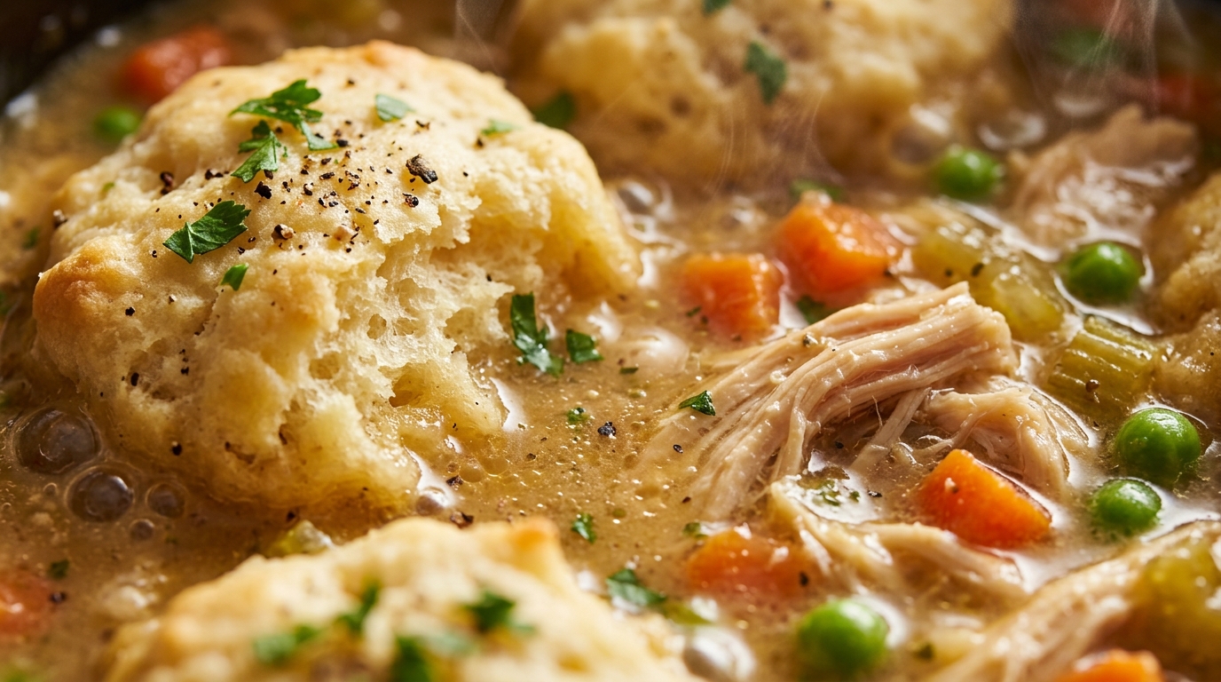 Ultra close-up macro food photography of bubbling slow cooker Crockpot Chicken and Dumplings with fluffy biscuit dumplings