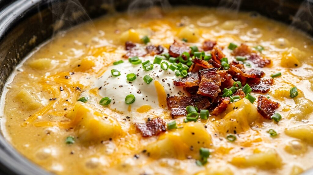 Ultra close-up macro of bubbling creamy slow cooker loaded potato soup topped with crispy bacon, melted cheddar cheese, and fresh chives