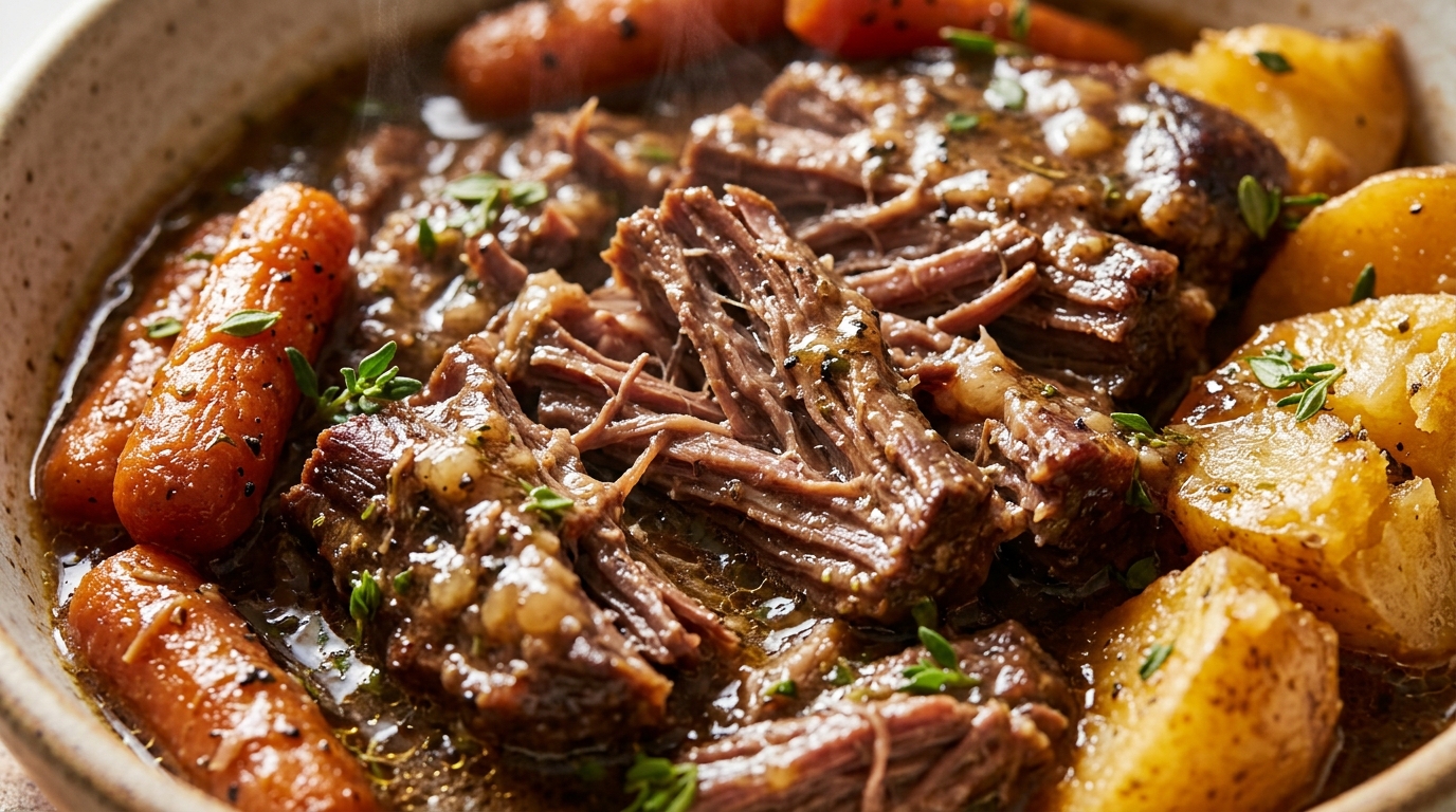 Ultra close-up macro food photography of melt-in-your-mouth slow cooker pot roast in a rich beef gravy with tender carrots and baby potatoes