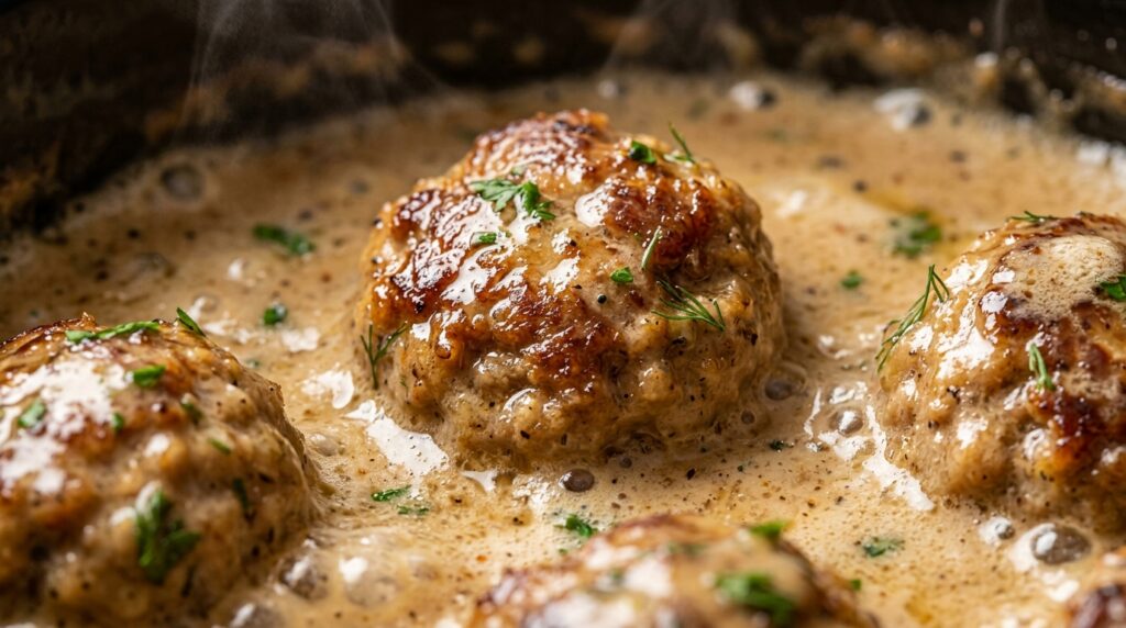 Ultra close-up macro food photography of savory Swedish meatballs simmering in a rich velvety sour cream gravy inside a slow cooker crock