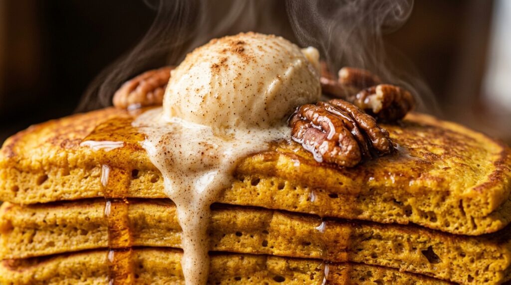 Ultra close-up macro food photograph of a thick fluffy stack of golden pumpkin buttermilk pancakes with melting spiced cinnamon butter and cascading maple syrup