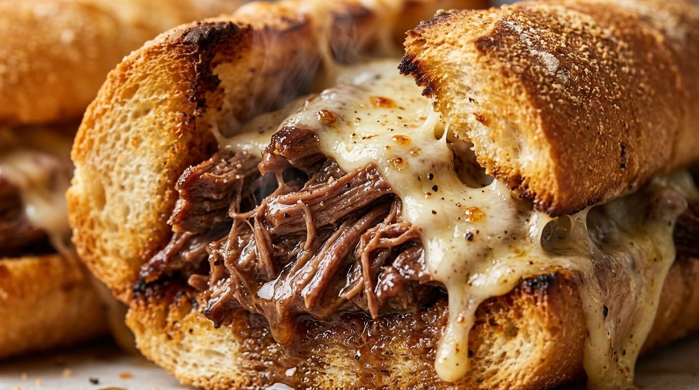 Ultra close-up macro food photography of toasted French dip sandwich overflowing with juicy shredded beef chuck roast and melted gooey provolone cheese
