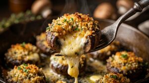 Ultra close-up macro food photography of a piping hot baked cremini stuffed mushroom lifted with a fork showing molten gooey melted cream cheese and Parmesan filling and crispy golden toasted panko crust