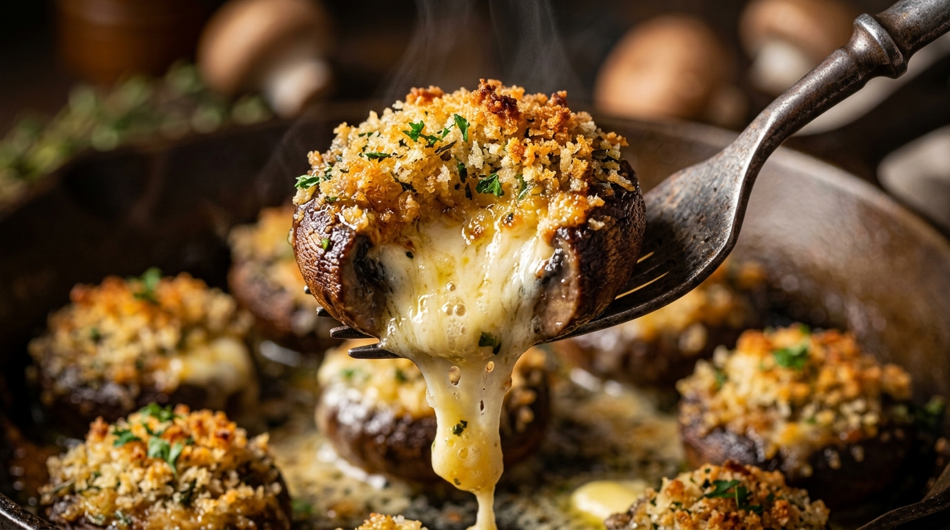 Ultra close-up macro food photography of a piping hot baked cremini stuffed mushroom lifted with a fork showing molten gooey melted cream cheese and Parmesan filling and crispy golden toasted panko crust