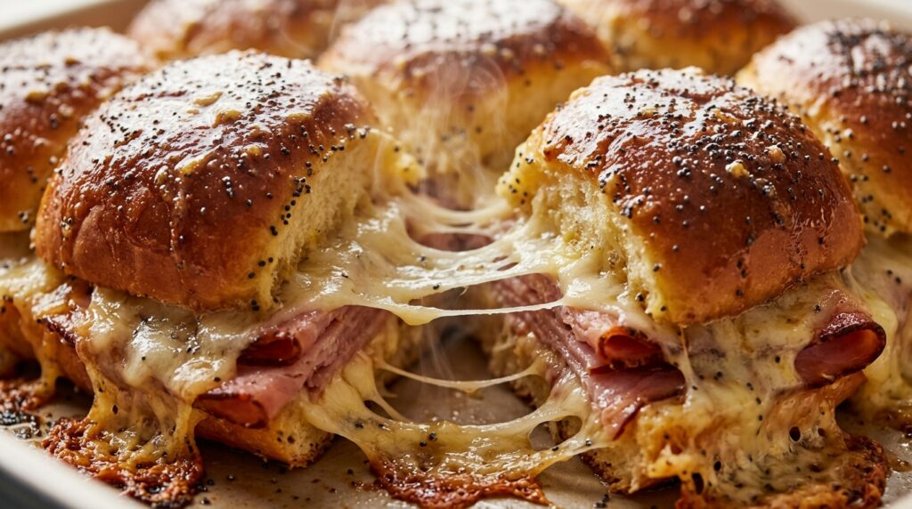 Ultra close-up macro of gooey baked ham and cheese Hawaiian roll sliders pulling apart with melted Swiss cheese strings and toasted poppy seed glaze