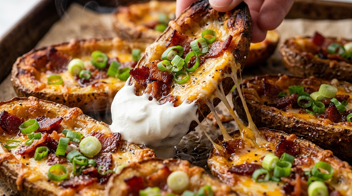 Ultra close-up macro food photography of piping hot crispy loaded potato skins with melted bubbling cheddar, crispy bacon, and sour cream