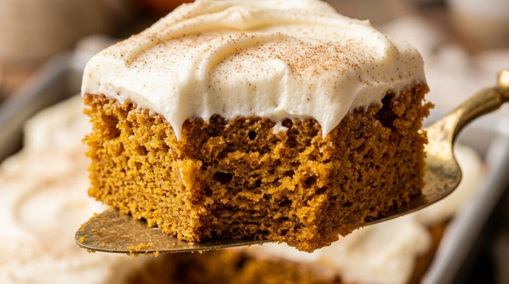 Ultra close-up macro food photograph of a thick, ultra-moist square slice of spiced pumpkin sheet cake lifted with a spatula showing tender crumb structure and silky swirl of cream cheese frosting