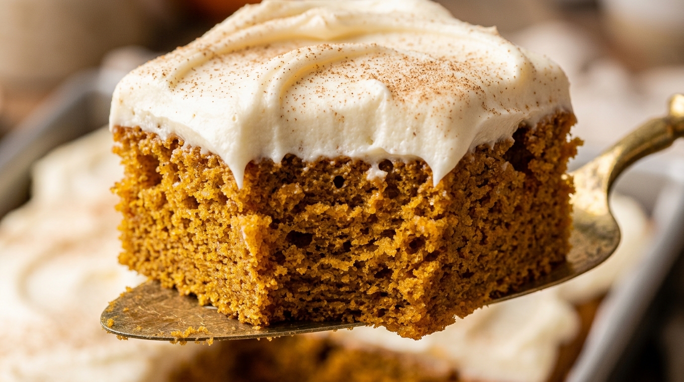 Ultra close-up macro food photograph of a thick, ultra-moist square slice of spiced pumpkin sheet cake lifted with a spatula showing tender crumb structure and silky swirl of cream cheese frosting