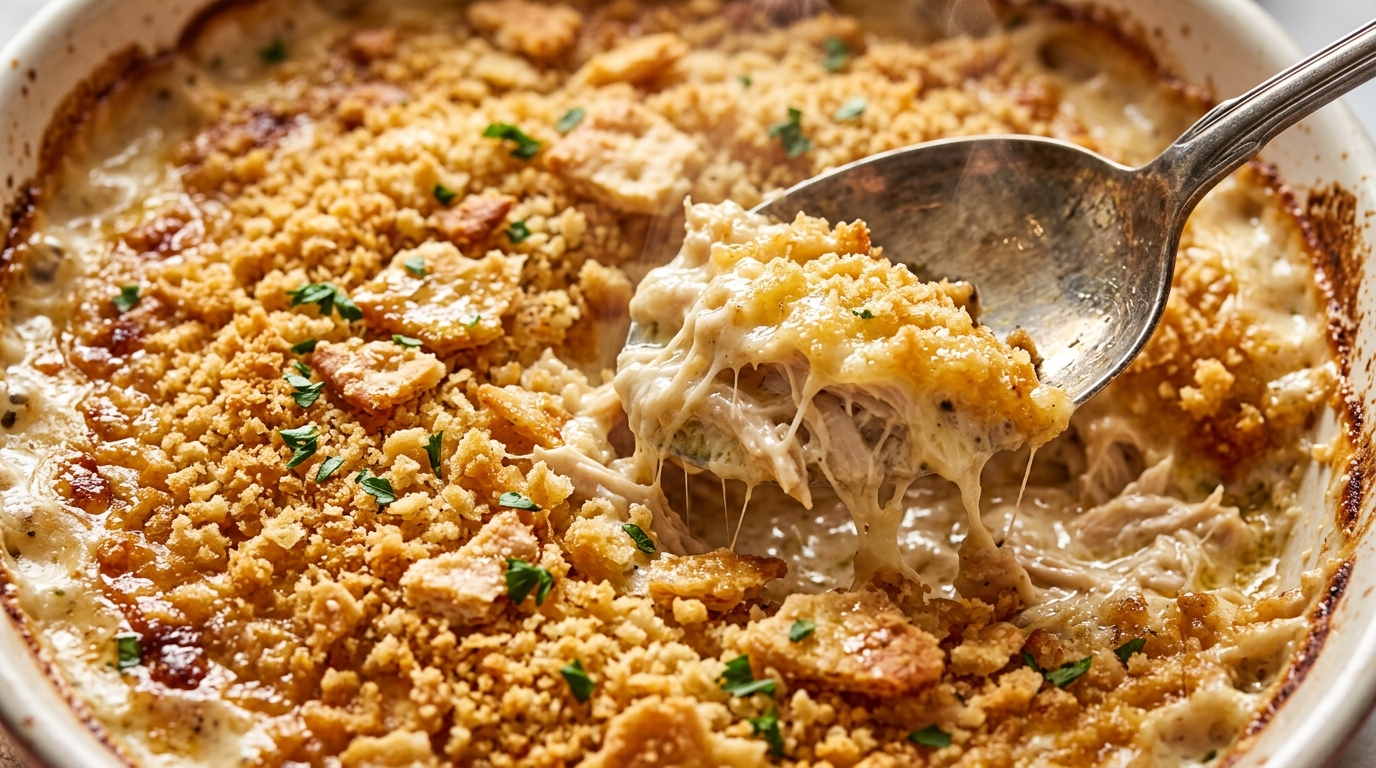Ultra close-up macro food photography of warm freshly baked million dollar chicken casserole with bubbly creamy sauce and golden buttery Ritz cracker topping