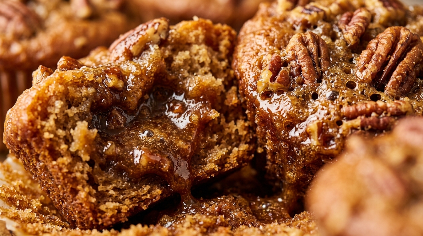 Ultra close-up macro food photography of warm freshly baked Southern pecan pie muffins with caramelized brown sugar tops and crunchy toasted pecans