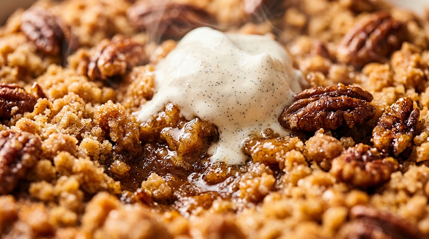 Ultra close-up macro food photography of warm baked Pumpkin Crunch Cake with golden pecan streusel and pumpkin custard