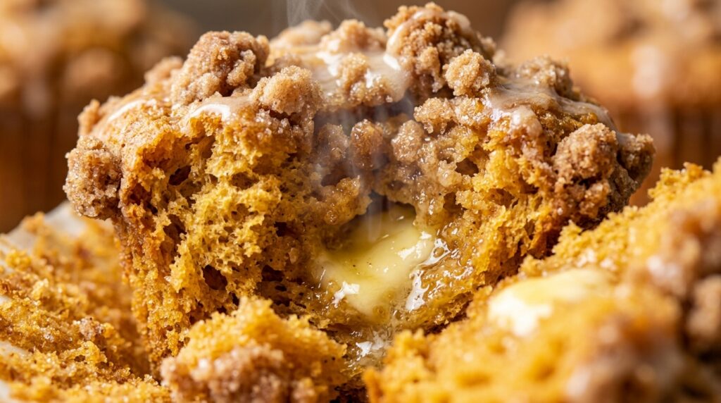 Ultra close-up macro food photography of warm bakery style pumpkin muffin broken open with crunchy cinnamon streusel topping and moist spiced crumb