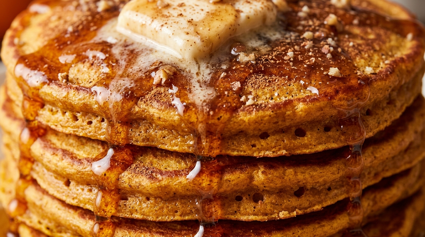 Ultra close-up macro food photography of a towering stack of golden-brown fluffy pumpkin pancakes with melting spiced maple butter and pure maple syrup drips