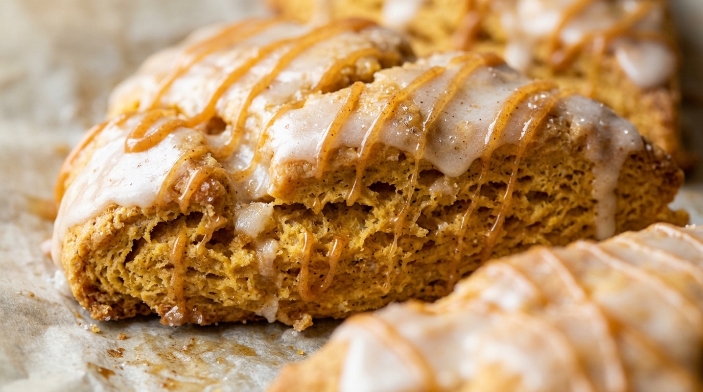 Ultra close-up macro food photography of bakery-style glazed pumpkin scones freshly baked on parchment paper with double glaze