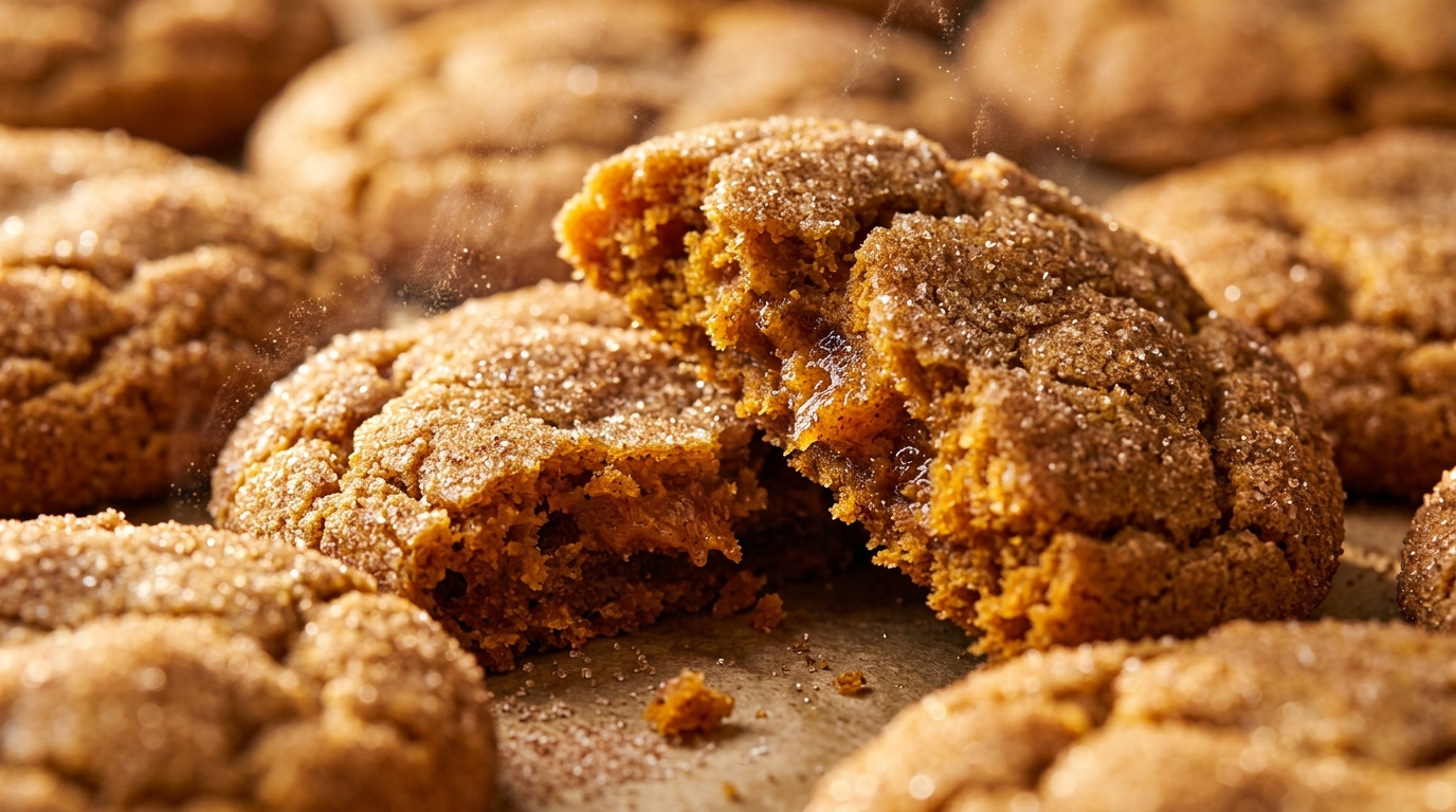 Ultra close-up macro food photography of freshly baked chewy brown butter pumpkin snickerdoodle cookies with crackled tops and cinnamon sugar