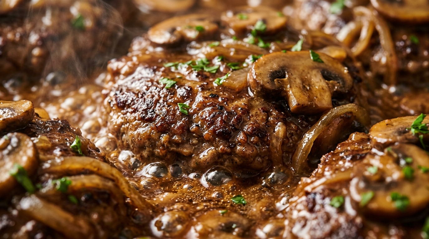 Ultra close-up macro food photography of tender Salisbury steak patties simmering in rich savory mushroom onion gravy