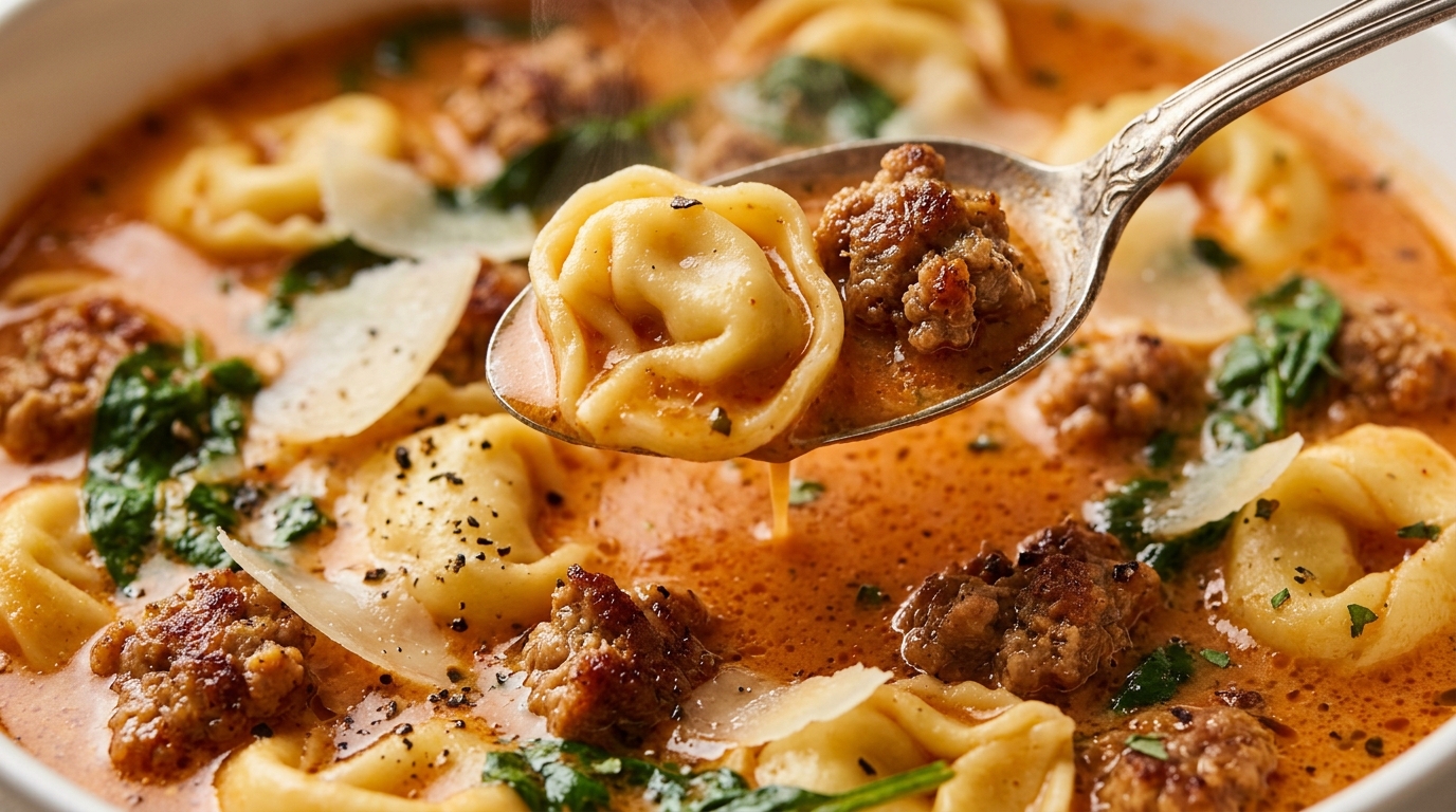 Ultra close-up macro food photography of piping hot creamy Italian sausage tortellini soup with plump cheese tortellini, browned sausage crumbles, and wilted spinach