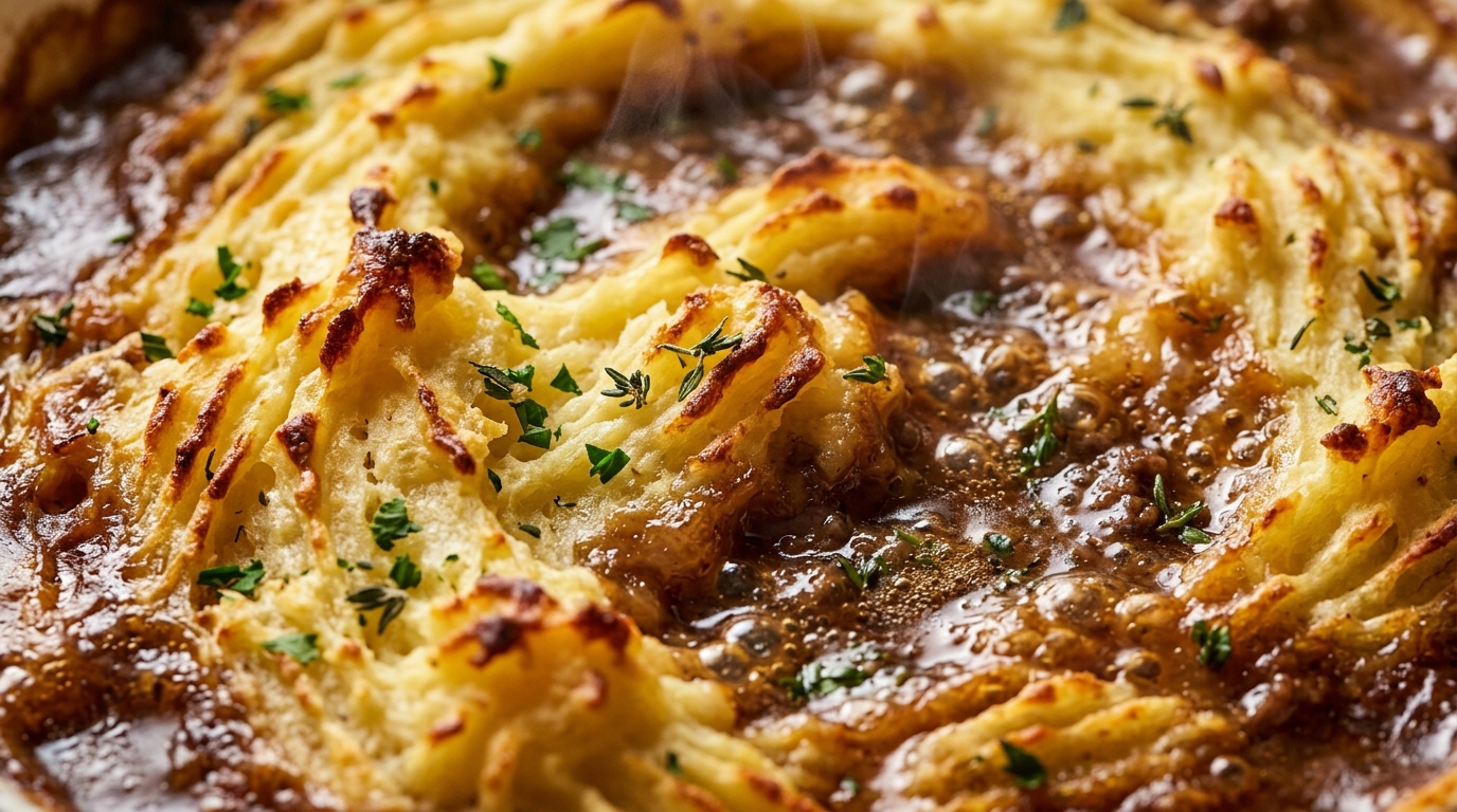 Ultra close-up macro food photography of piping hot homemade shepherd's pie with bubbling rich beef gravy and golden-brown fork-crimped mashed potatoes
