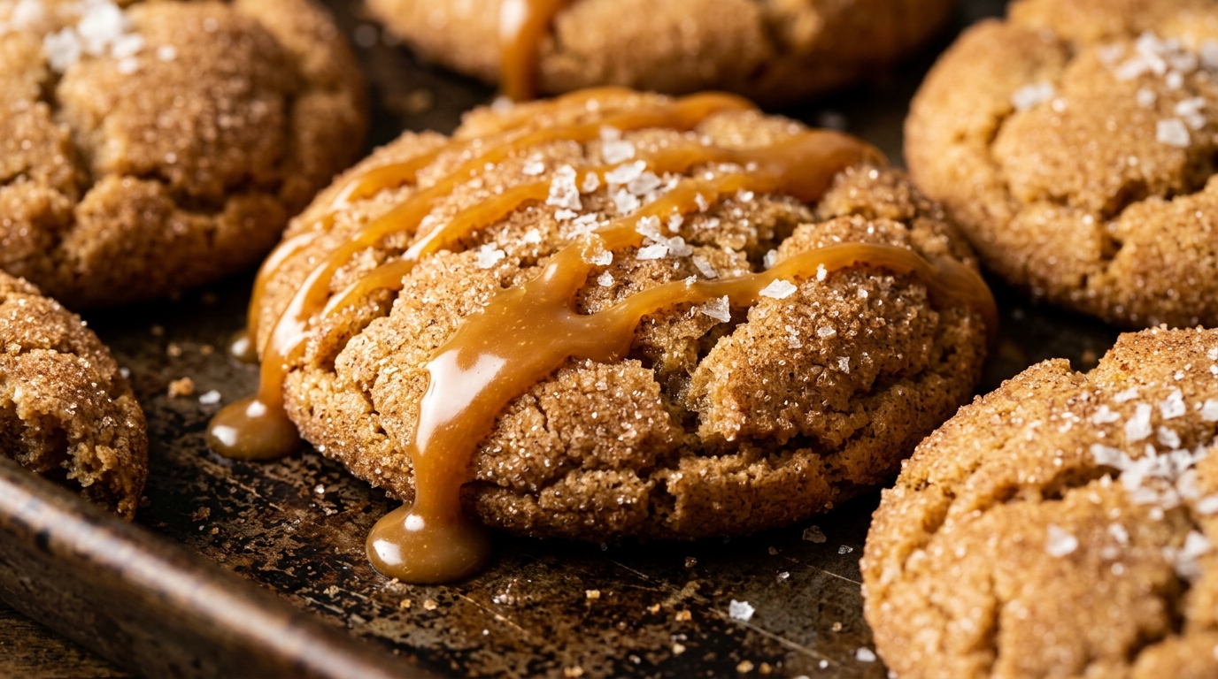 Ultra close-up macro food photograph of soft bakery apple cider cookies with crackled cinnamon sugar tops and cascading salted caramel glaze
