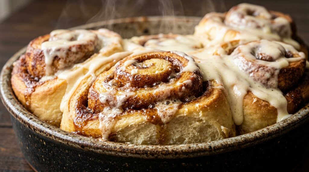 Ultra close-up macro food photograph of freshly baked giant viral heavy cream cinnamon rolls bubbling with caramelized brown sugar cinnamon syrup and cream cheese vanilla icing