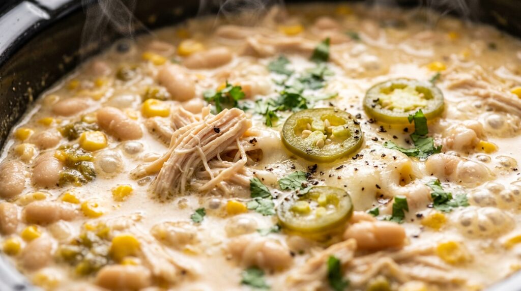 Ultra close-up macro food photography of creamy white chicken chili bubbling hot inside a slow cooker crock with melted cheese and fresh cilantro